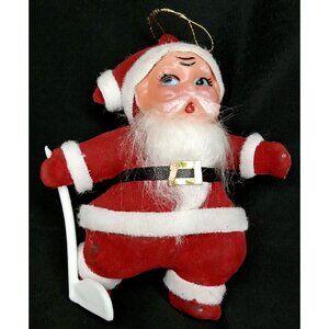 Mid Century Modern Christmas Ornament Velvet Flocked Plastic Golfing Santa 1950s